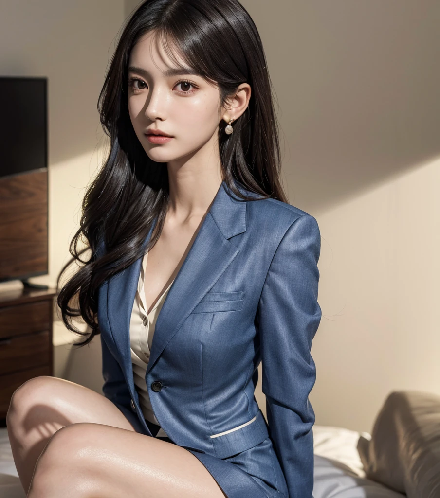 (whole body shot), (whole knee), absurdres, RAW photo, extremely delicate and beautiful, masterpiece, Best Quality, ultra high resolution, 32k, hyper realistic, ultra-detailed, Very detailed CG 8k wallpaper, detailed background, landscape, Beautiful Lighting, Perfect Lightning, Realistic Shadows, perfect anatomy, anatomically correct, ideal ratio body proportions, perfect figure, Perfect Style, Perfect balance, super Detailed skin, in her 30s, very Slim body, narrow waist, very small head, very small face, delicate facial features, handsome detailed woman, very detailed eyes and face, realistic face proportions, Realistic beautiful face, Realistic beautiful eyes, tearful mole, earring, very huge round tits, medium hair, asymmetrical hair, wavy hair, bedroom, business suit, jacket, blazer, skirt, dress shirt, button shirt,