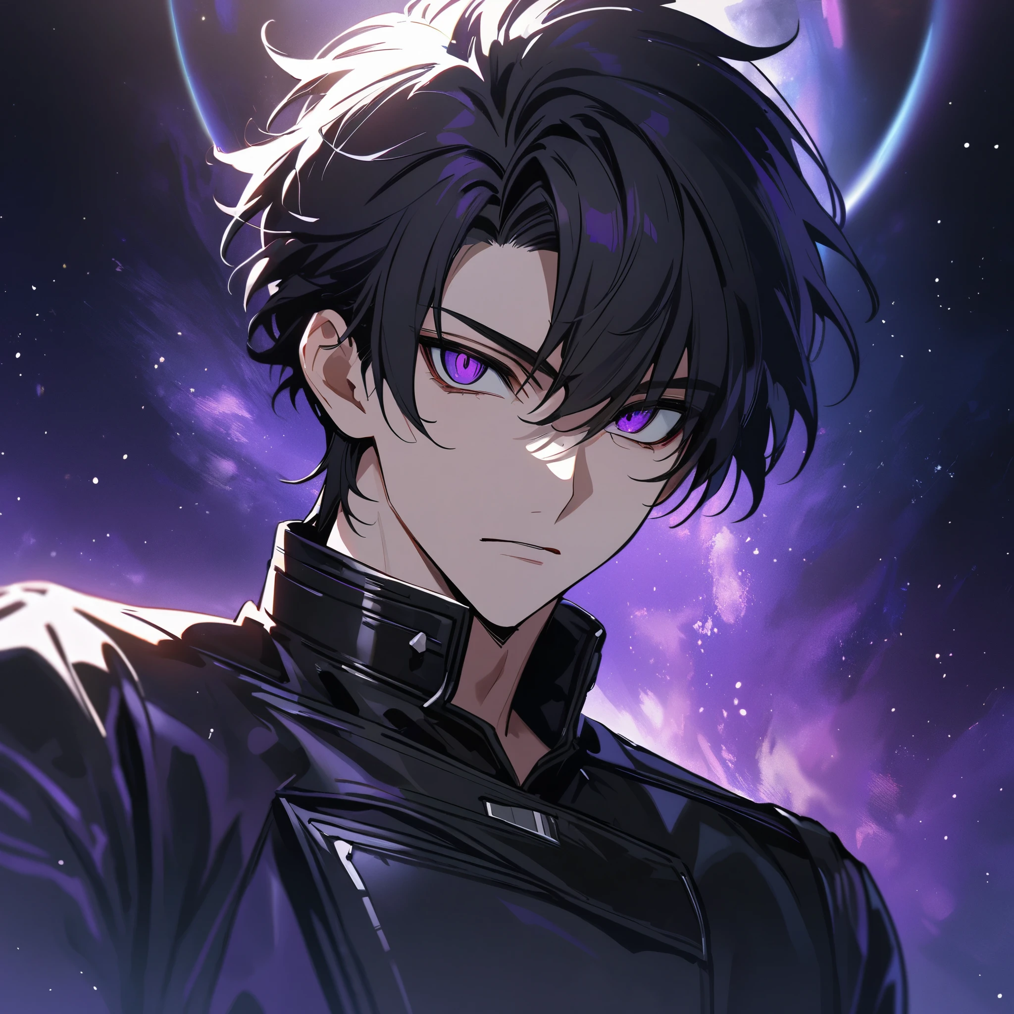 High quality, HD, 4k, no shadows, handsome male, handsome, extremly handsome, 1male, 1 male, teenager, pure black hair, short black hair, dark hair, black hair, jet black hair, sharp eyes, deep purple colored eyes, dark purple colored eyes, deep violet eyes, violet eyes, devil may cry, close up, calm expression, stoic expression, black leather clothes, black leather clothing, leather clothing, lean body, well trained body, upper body, looking at viewer, cowboy shot, white solar, space background