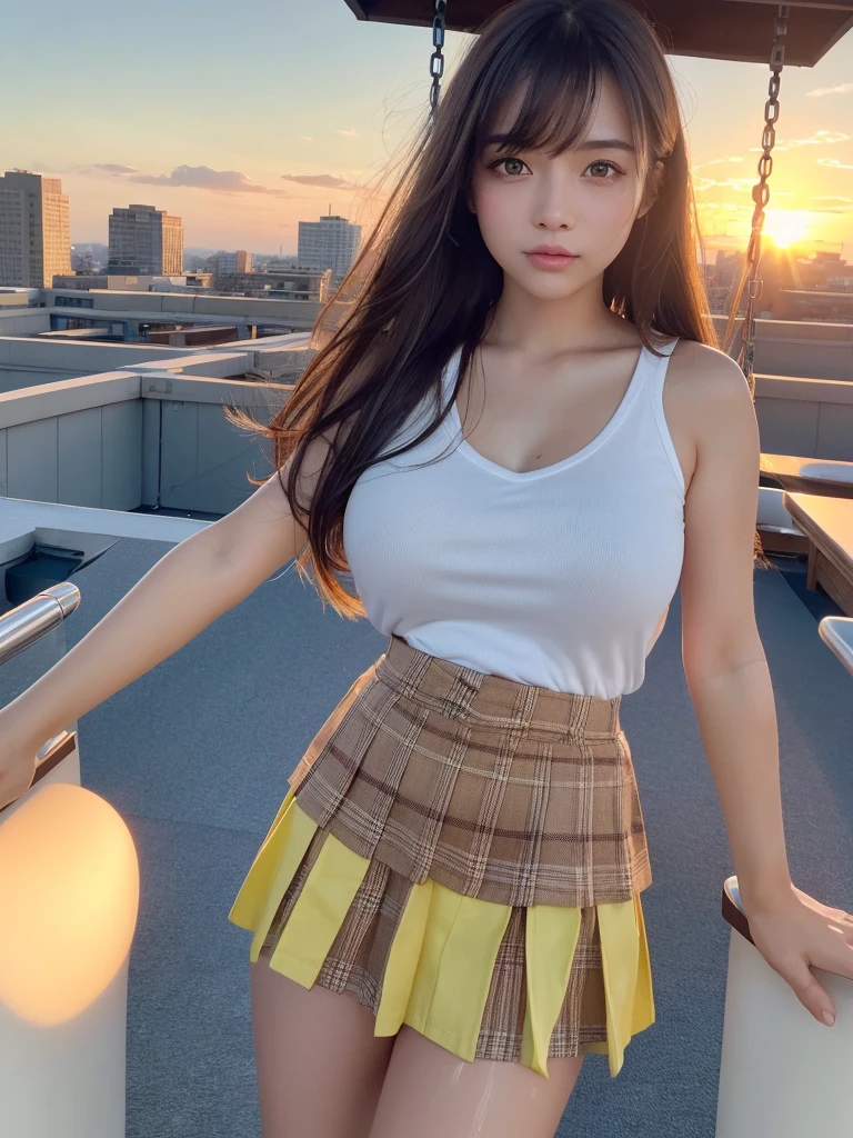 masterpiece,Highest quality,1 girl,Cowboy Shot,Front view,Young and cute Japanese,A small smile,lunch break,((rooftop,beautiful sunset,The wind blows her long hair,swing the skirt:1.5)),Schoolgirl uniform,Summer clothes,wear,((Ultra-short checkered micro mini skirt:1.5)),No underwear,No pants,Very cute face,Glossy Lips,Big eyes,Brown eyes,Double eyelids on both eyes,(Natural Makeup),Shiny, smooth, long light brown hair,Asymmetrical bangs,Center image,8k resolution,Attention to detail,Detailed hairstyle,Detailed face,Cinema Lighting,Octane Rendering,Ultra-realistic,Perfect limbs,Beautiful legs,Voluptuous thighs,Huge breasts,(Glowing Skin,Sweaty:1.3)Perfect Anatomy,((Natural relaxed pose:1.3))