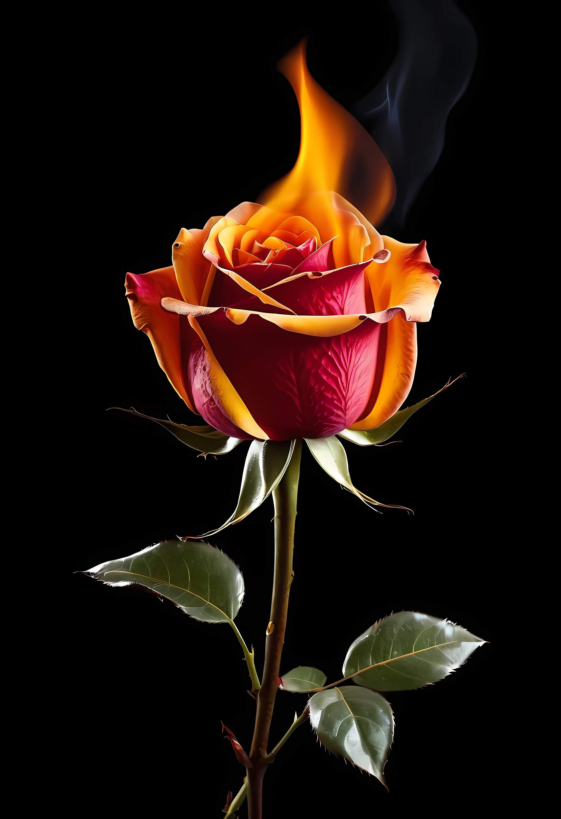 A burning rose, fire, beautiful, flat black background