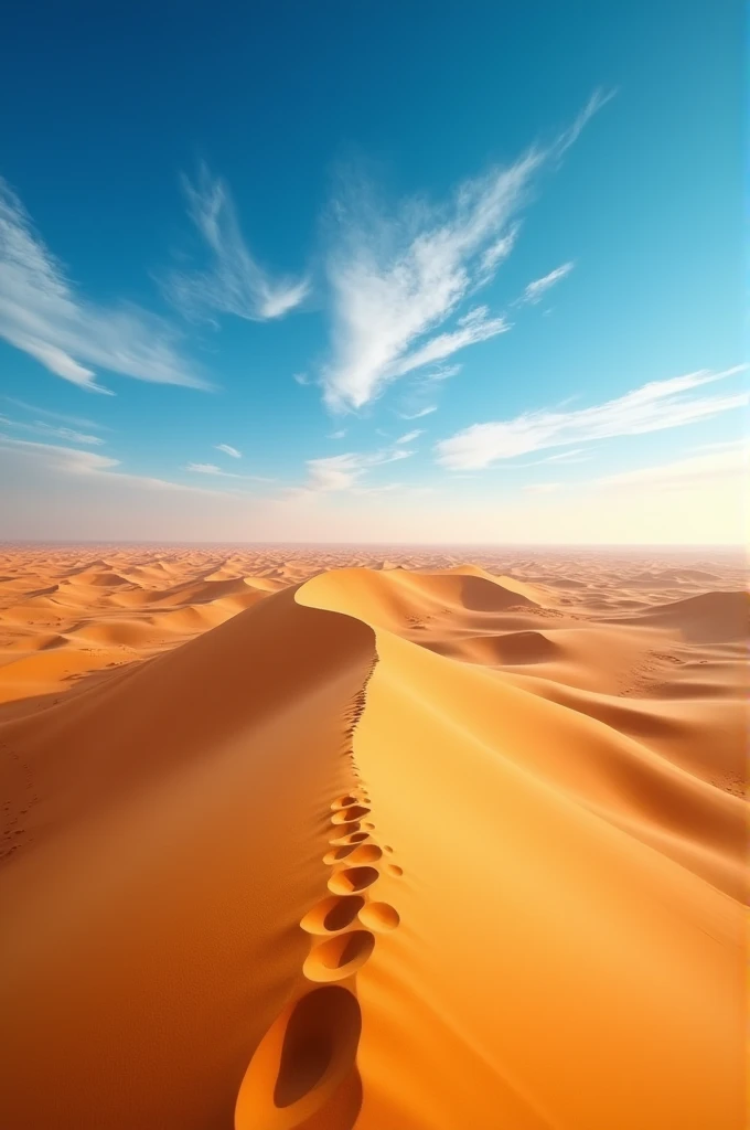 A panoramic view of the Sahara Desert, with sand dunes stretching to the horizon under a scorching sun.