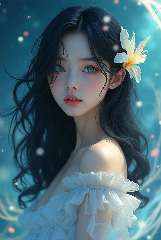 beautiful girl. white and flawless skin. black hair, long and semi-wavy. heterocromia. Surreal 3d art