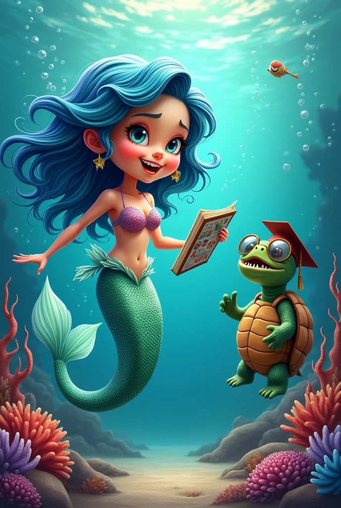 caricature drawing of a MERMAID GIRL with a TURTLE TEACHER and an EVIL EEL

