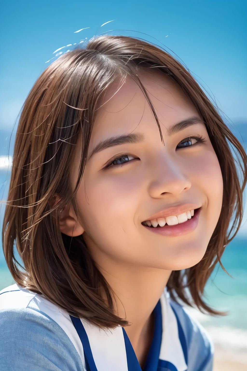 realistic, photogenic, close-up shot, with the sea in the background, wearing school uniform, the top button of the upper cloth is open, exposed at chest, skirt is short and just reaching above the thighs, medeum-length hair, hair color mixes bronde and brown, hair is blowing in the wind, hair is shaggy and dishevelled, very sunburned and tanned skin, medium build a little bit chubbily figure, no makeup, small mouth, small nose, smooth shaped jawline, glossy face, heavy flushed cheeks, big smile while open mouth, flirting, looks like having a great time, detailed eyes, slanted eyebrows, detailed lips, photorealistic, highly detailed, 8k, best quality, masterpiece, vibrant colors, dramatic lighting, cinematic composition, digital art