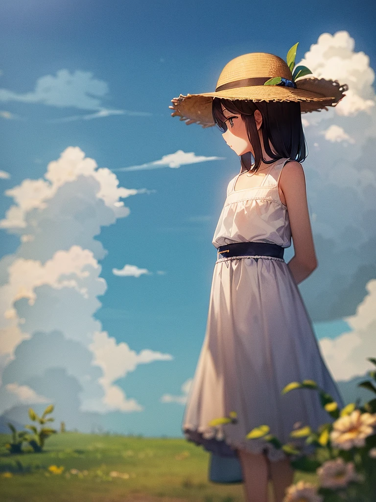 A blue sky with cumulonimbus clouds rising up。A child wearing a straw hat is catching insects