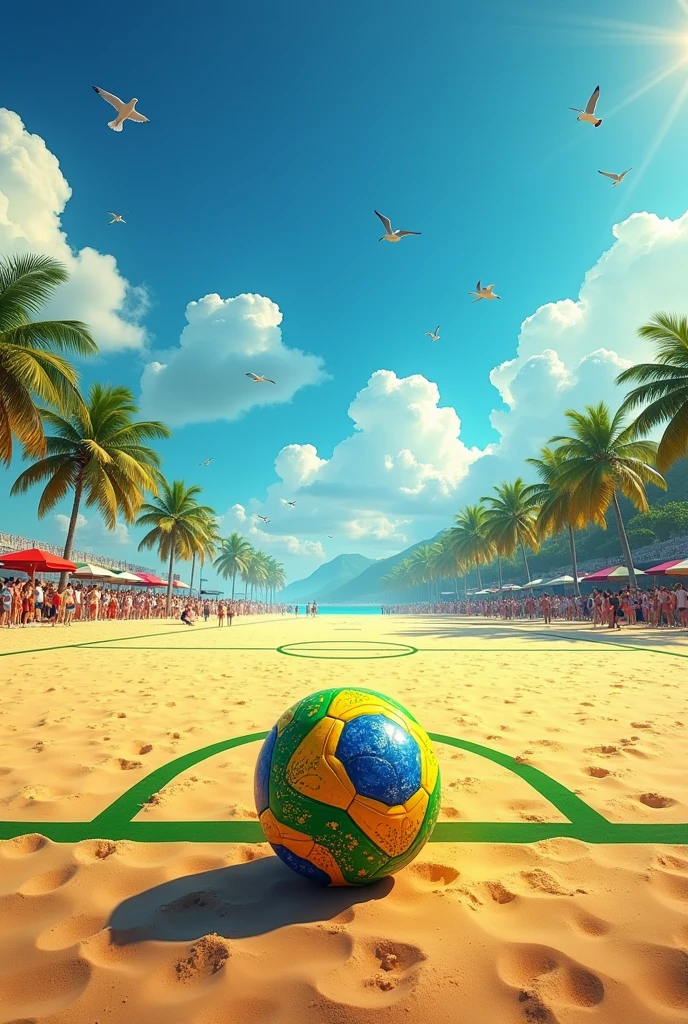 Create a soccer field in the sand and a ball in the center that alludes to a World Cup in Brazil in 2025