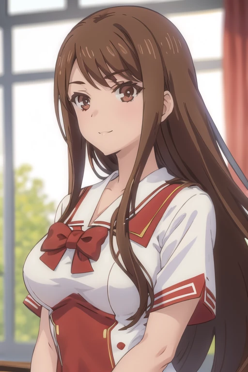 ayanedef, brown hair, brown eyes, long hair, Big Breasts,
looking at viewer, bow, sexy Red cheongsam, upper body, serafuku, light smile, 
masterpiece, best quality,