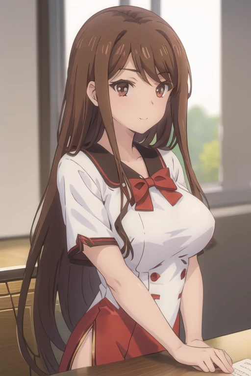 ayanedef, brown hair, brown eyes, long hair, Big Breasts,
looking at viewer, bow, sexy Red cheongsam, upper body, serafuku, light smile, 
masterpiece, best quality,