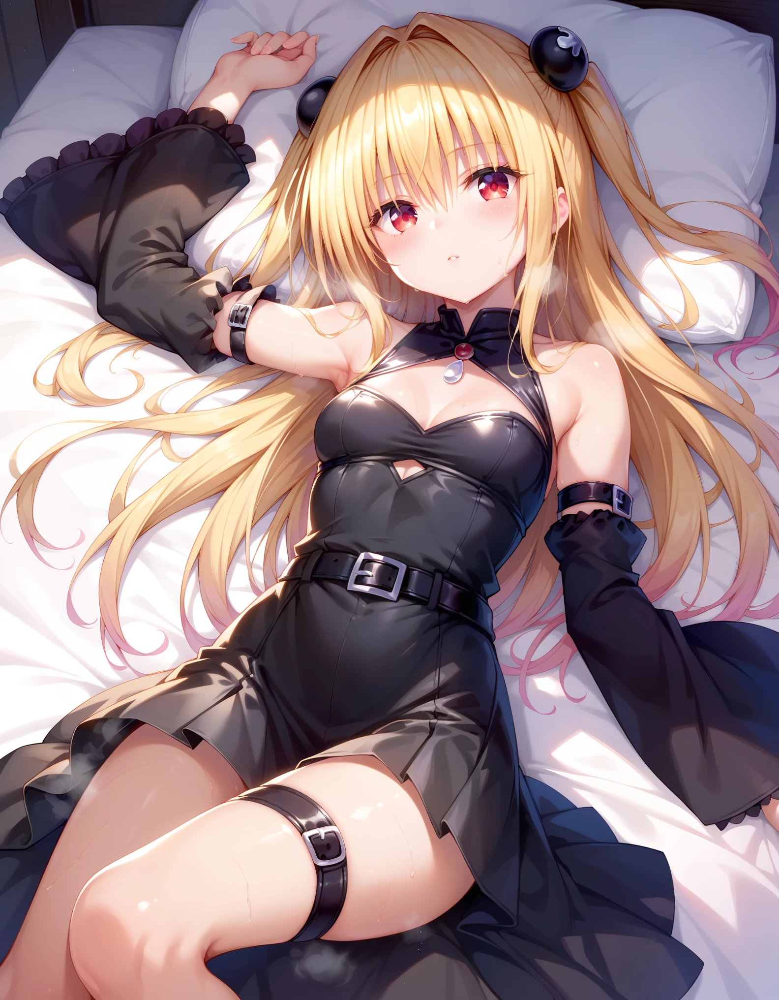 score_9, score_8_up, score_7_up,  1girl, solo, yami, to love-ru, to love-ru darkness, konjiki no yami, red eyes, blonde hair, long hair, two side up, sidelocks, hair intakes, hair ornament, small breasts, dress, black dress, sleeveless, sleeveless dress, clothing cutout, cleavage cutout, detached sleeves, wide sleeves, belt, black belt, black skirt, high-low skirt, leg belt, lying, on back, looking at viewer, blush, expressionless, bed sheet, sweat, steam, steaming body, on bed 