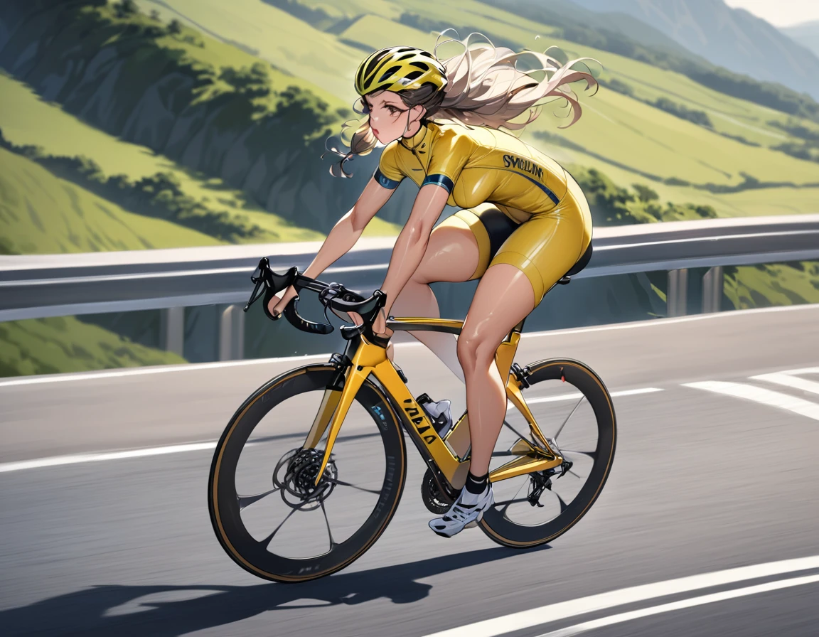 A young and beautiful person,(Highest quality,Extremely detailed depiction,Incredibly absurd high resolution,Anatomically accurate depiction,Nice hands,Perfect Fingers,Curvy Legs,Shiny skin),(Woman riding road bike),(Yellow cycling wear,Black spats,Cycling helmet,Cute hairstyle),eyelash,(Black Eyes,There is cleavage in the chest,Glossy Lips),(Sweat,whole body,Hair blowing in the wind,Flowing landscape,Descending a hill on a road bike,Feeling the wind comfortably)