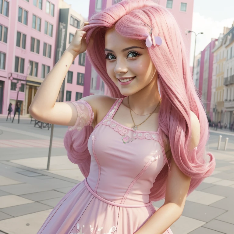 Fluttershy, mlp , Teenage model , model europe 18 years sexy , Fluttershy Equestria girls, , smiling cute, Whole body, high resolution , dress , make-up ,  happy face , selfie , park , buildings background , senos grandes, cabello largo color rosa , pelo largo color rosa, adornos en vestio en forma de mariposa 