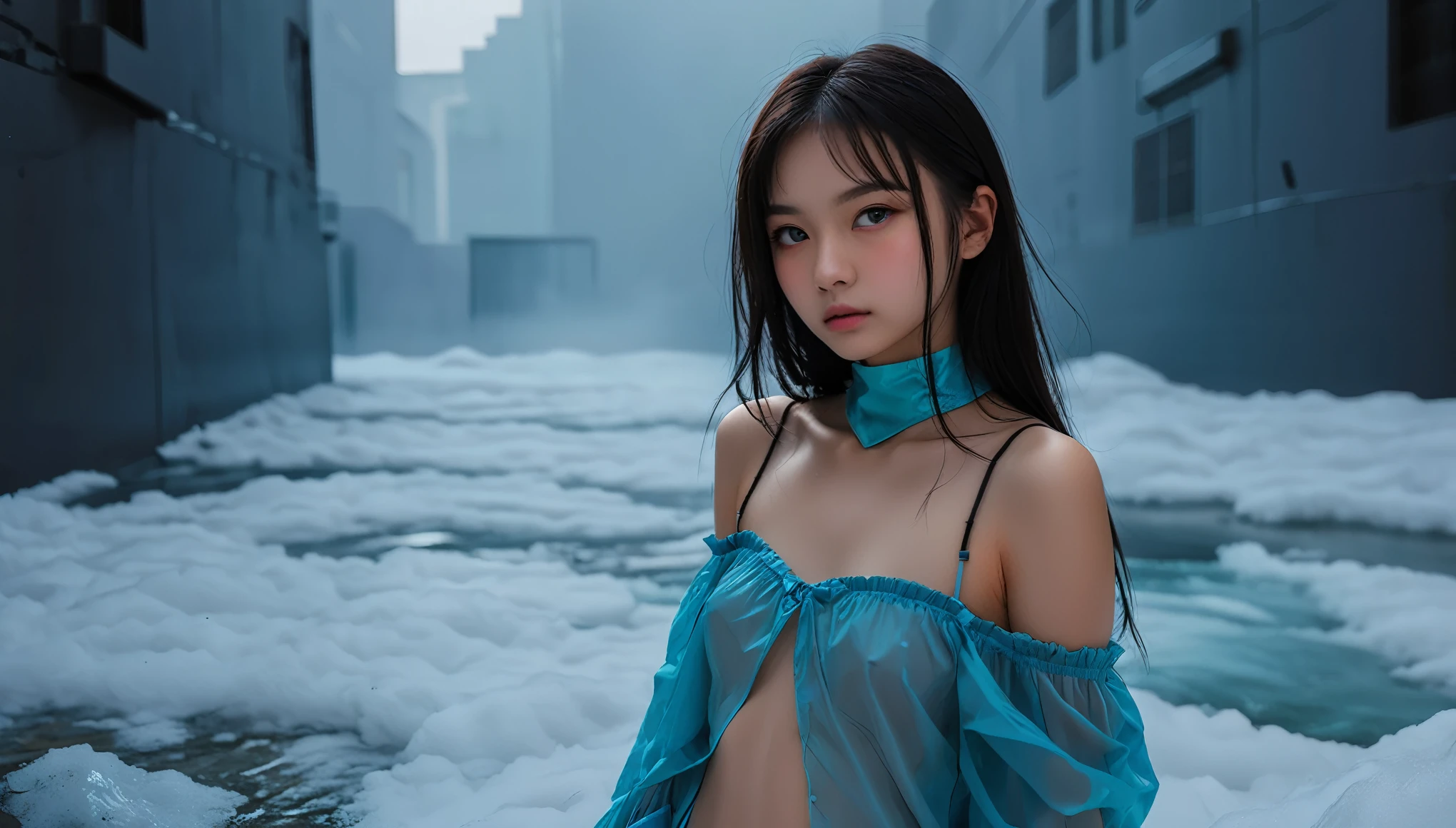 Top Quality, Masterpiece, High Resolution, 8k, wide objective, full body shot, ((skinny cute girl, barely legal, age 14, (oversized silky see-through tunic with plunging Neckline, off-shoulder, short sleeves), mediumperky breasts, extremely detailed face, detailed eyes, thin eyebrow, detailed lips, no makeup, long slick ponytail side shaved hair, small hips, (in a spaceship, on a bed), dim light, dramatic and neon colors, futuristic setting, intricate details, at night, random pose, random neon colors))