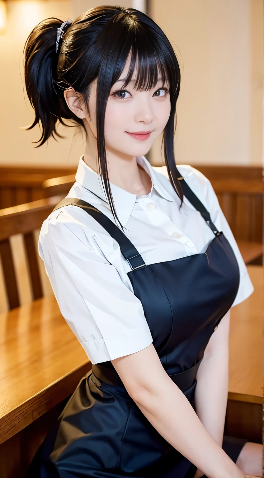 (Highest quality,masterpiece:1.3,Ultra-high resolution,),(Very detailed,Caustics),(Realistic:1.4,RAW shooting,)Ultra-Realistic Capture,Very detailed,High resolution 16K human skin closeup。 Natural skin texture、,pores、、、、It must be detailed enough to be easily identifiable。 Skin tone is even and healthy looking。 Use natural light and color,restaurant,Waitress Uniform,1 person,Japanese,18-year-old,cute,Black-haired,ponytail,Big Breasts,smile,Turn your body forward,(Front view:1.1),Looking into the camera,Cowboy Shot,