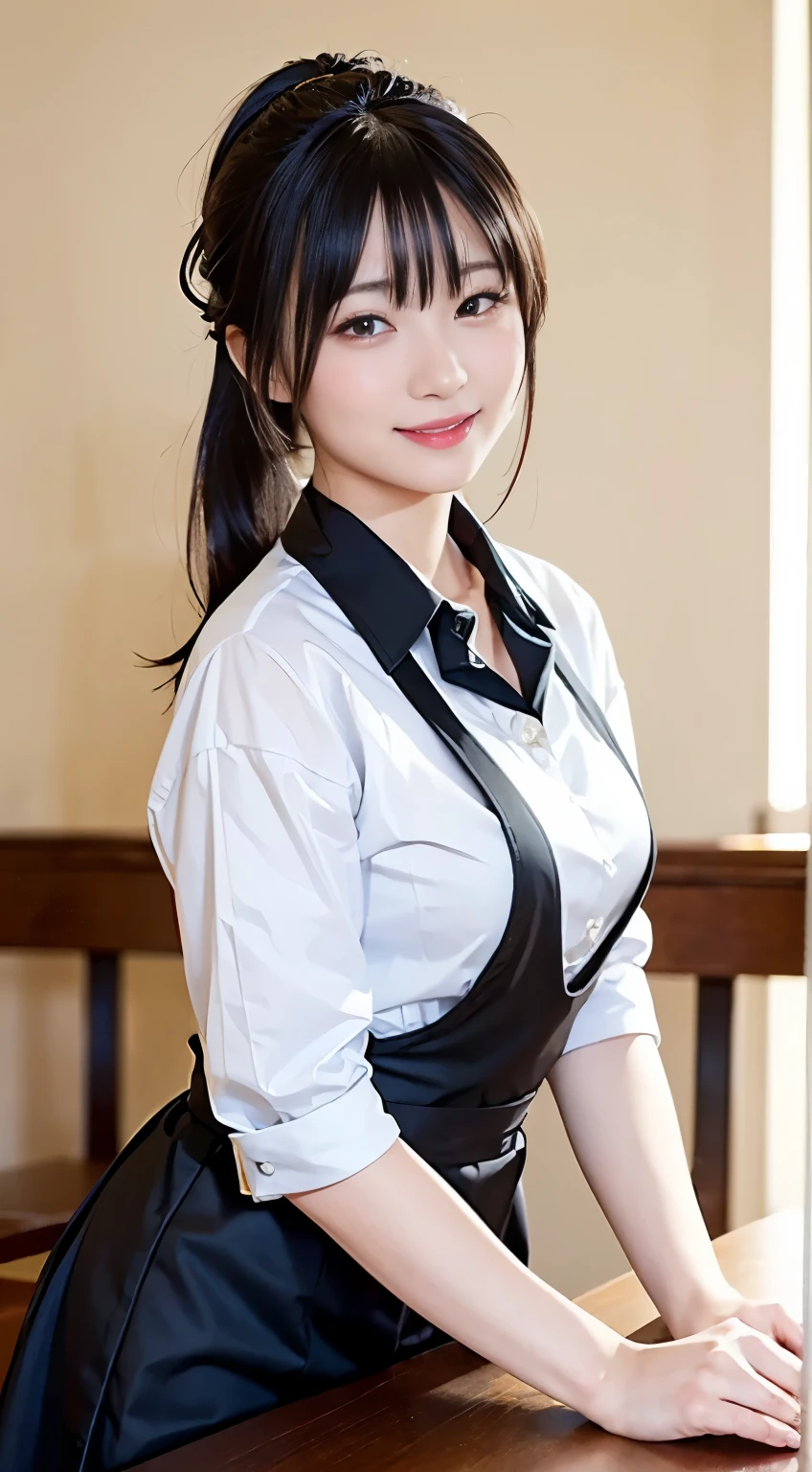 (Highest quality,masterpiece:1.3,Ultra-high resolution,),(Very detailed,Caustics),(Realistic:1.4,RAW shooting,)Ultra-Realistic Capture,Very detailed,High resolution 16K human skin closeup。 Natural skin texture、,pores、、、、It must be detailed enough to be easily identifiable。 Skin tone is even and healthy looking。 Use natural light and color,restaurant,Waitress Uniform,1 person,Japanese,18-year-old,cute,Black-haired,ponytail,Big Breasts,smile,Turn your body forward,(Front view:1.1),Looking into the camera,Cowboy Shot,