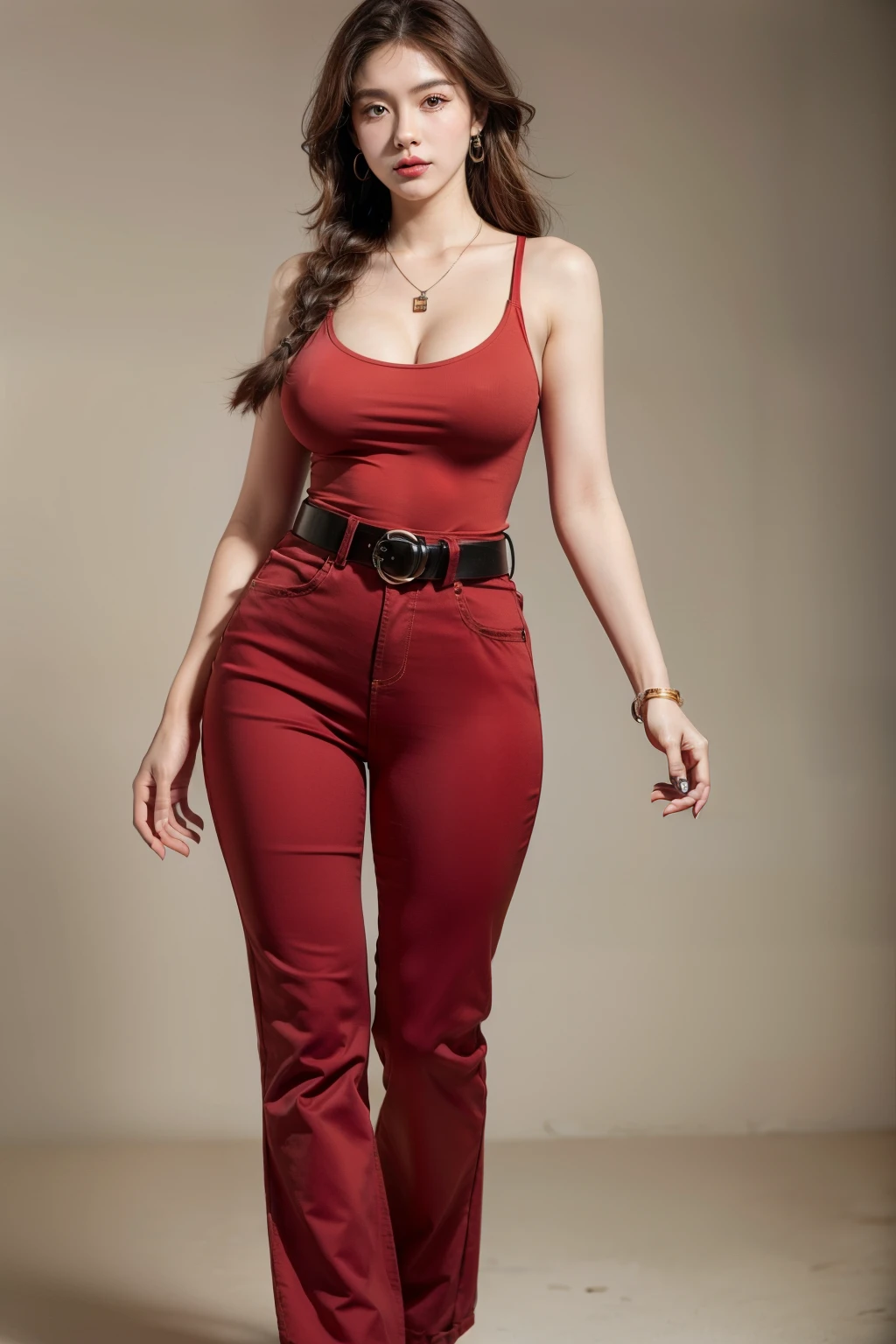 (RAW shooting, Photoreal:1.5, 8k, highest quality, masterpiece, ultra high resolution), perfect dynamic composition:1.2, Highly detailed skin and facial textures:1.2,beautiful and aesthetic:1.2, standing, full body, sandals, Fair skin, (large breast:1.4, Chest gap:1.4),(earrings,necklace,1girl, tall, long legs, makeup:, brown hair, single braid,perfect thigh, tight red top,sleeveless,tight red long pants, belt),(simple background:1),
