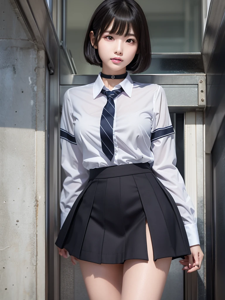 pov figure cover lips with hand while approaching kiss girl is beautiful japanese female and beautiful russian female mixed race only in the face age is features of the whole body black hair medium straight bob cut hair style beautiful small face with short eyelashes boyish eyes only high nose dark blue pupils very thin upper lip milky white skin accurate attractive body shape beautiful bust waist hip s thighs knees legs choker and tie on neck wearing a school uniform with collar half opend eyes shy face kindly and slightly narrow room