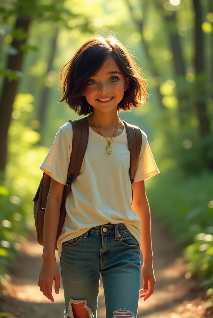 The girl with short hair is named Mia. She has dark brown hair and bright green eyes that contrast with her tanned skin. She always wears loose t-shirts and ripped jeans. Her warm smile brightens any room she enters. Mia is witty and passionate about music, She plays guitar in a local band on weekends. She loves spending time outdoors and enjoys long walks in the woods near her home. With her outgoing personality and adventurous spirit, Mia is a girl who radiates positive energy in her community.