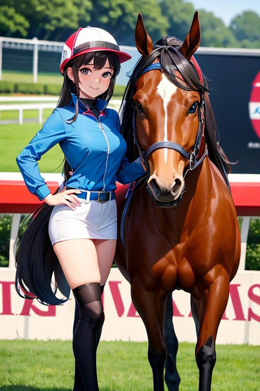 woman Horse racing jockey cute smile With Thoroughbreds