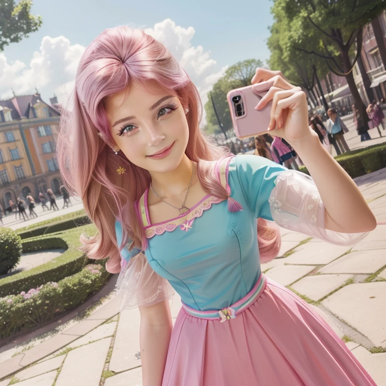 Fluttershy, mlp , age model , model europe 18 years sexy , Fluttershy Equestria girls, , smiling cute, Whole body, high resolution , dress , make-up , happy face , selfie , park , buildings background , senos grandes, cabello largo color rosa , pelo largo color rosa, adornos en vestio en forma de mariposa