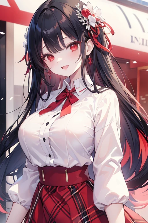 (masterpiece, best quality),  intricate details, 
1girl,black hair, Red eyes,  light red hair, white hair tips, 
Big breasts, smiling, opened mouth, wear white shirt, long Sleeve shirt,  Red checkered shirt, Park background