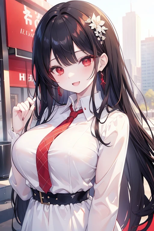 (masterpiece, best quality), intricate details,
1girl,black hair, Red eyes, light red hair, white hair tips,
Big breasts, smiling, opened mouth, wear white shirt, long Sleeve shirt, Red checkered shirt, Park background