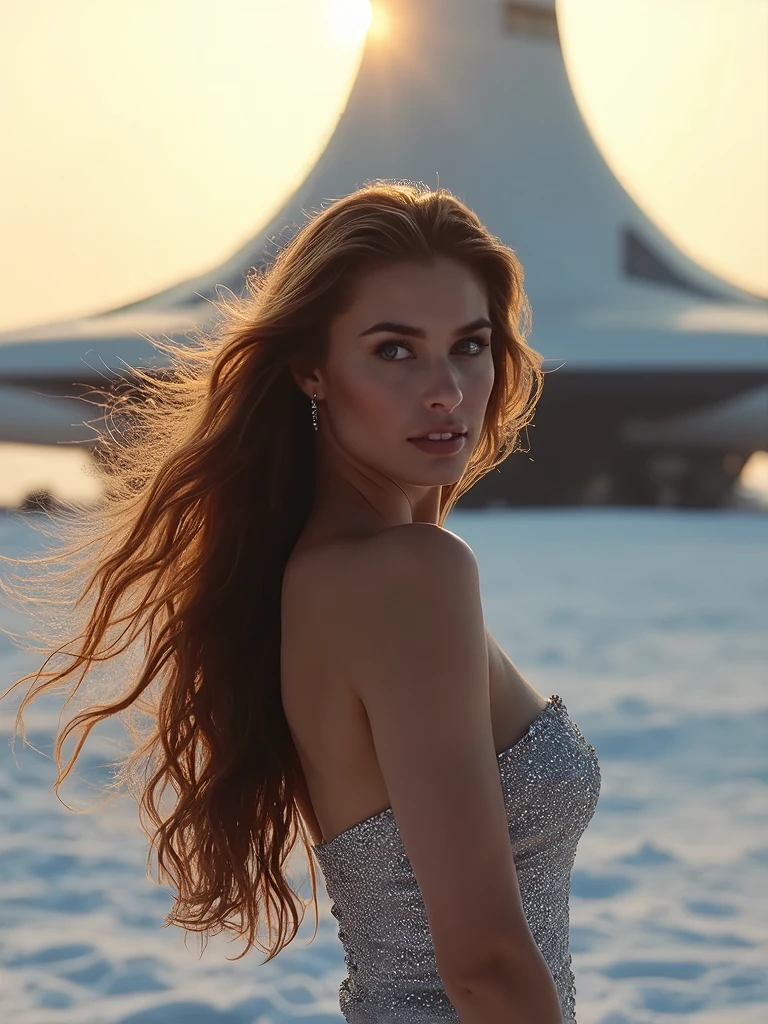 (masterpiece,ultra detailed,8k,photorealistic,cinematic lighting,dramatic lighting),(apocalyptic,snowy winter landscape),(beautiful young woman,23 years old,gorgeous european features,cleavage,long wavy brown hair,intense gaze,elegant pose),(giant futuristic spacecraft,high-tech shuttle,cold icy environment)