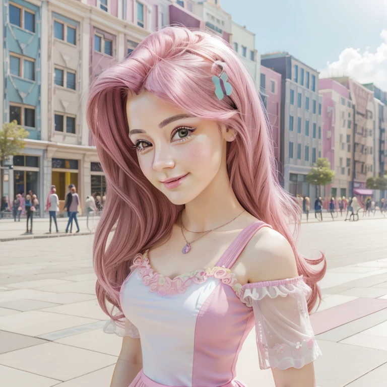 Fluttershy, mlp , Teenage model , model europe 18 years sexy , Fluttershy Equestria girls, , smiling cute, Whole body, high resolution , dress , make-up ,  happy face , selfie , park , buildings background , senos grandes, cabello largo color rosa , pelo largo color rosa, adornos en vestio en forma de mariposa 