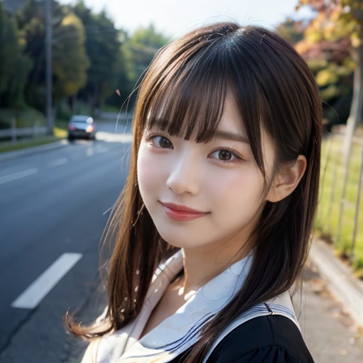 ((Cute 15 year old Japanese))、on the road、Highly detailed face、Pay attention to the details、double eyelid、Beautiful thin nose、Sharp focus:1.2、Beautiful woman:1.4、Cute Hairstyles、Pure white skin、Highest quality、masterpiece、Ultra-high resolution、(Realistic:1.4)、Highly detailed and professional lighting、nice smile、Japanese school girl uniform


