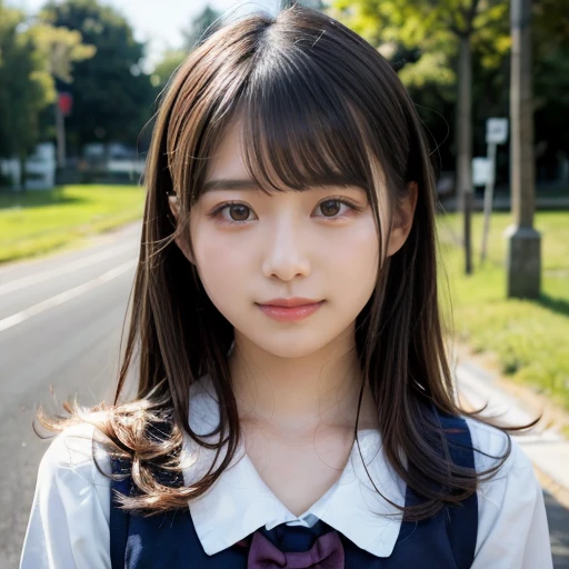 ((Cute 15 year old Japanese))、on the road、Highly detailed face、Pay attention to the details、double eyelid、Beautiful thin nose、Sharp focus:1.2、Beautiful woman:1.4、Cute Hairstyles、Pure white skin、Highest quality、masterpiece、Ultra-high resolution、(Realistic:1.4)、Highly detailed and professional lighting、nice smile、Japanese school girl uniform