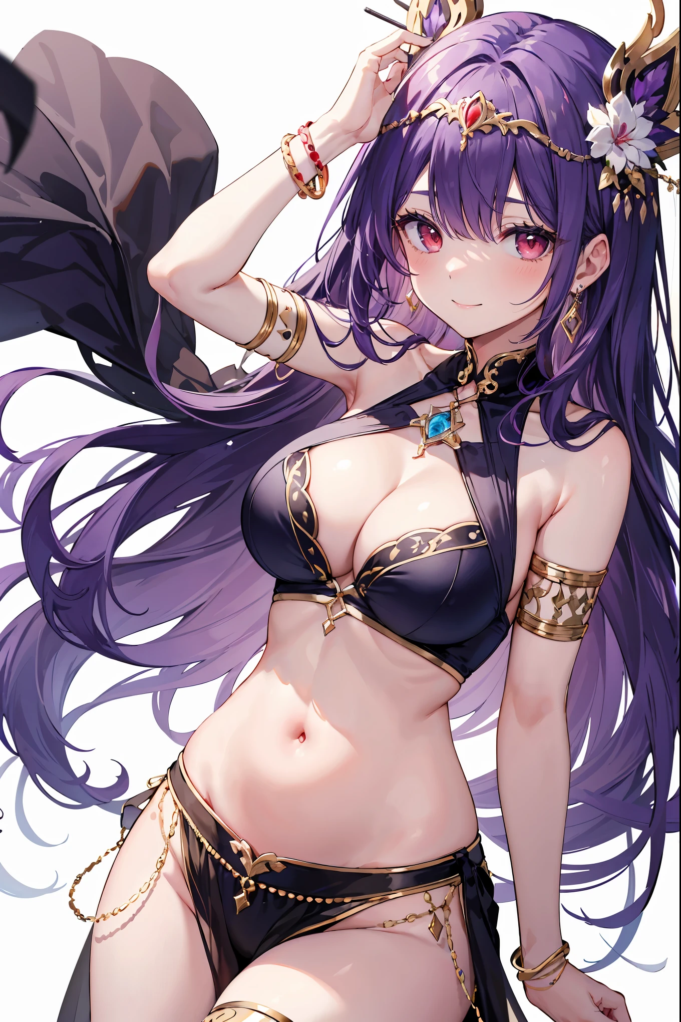 1girl, white background, red eyes, long hair, purple hair, belly dancer, circlet, earrings, armlets, bracelets, bashful smile, large breasts, cleavage, soft stomach