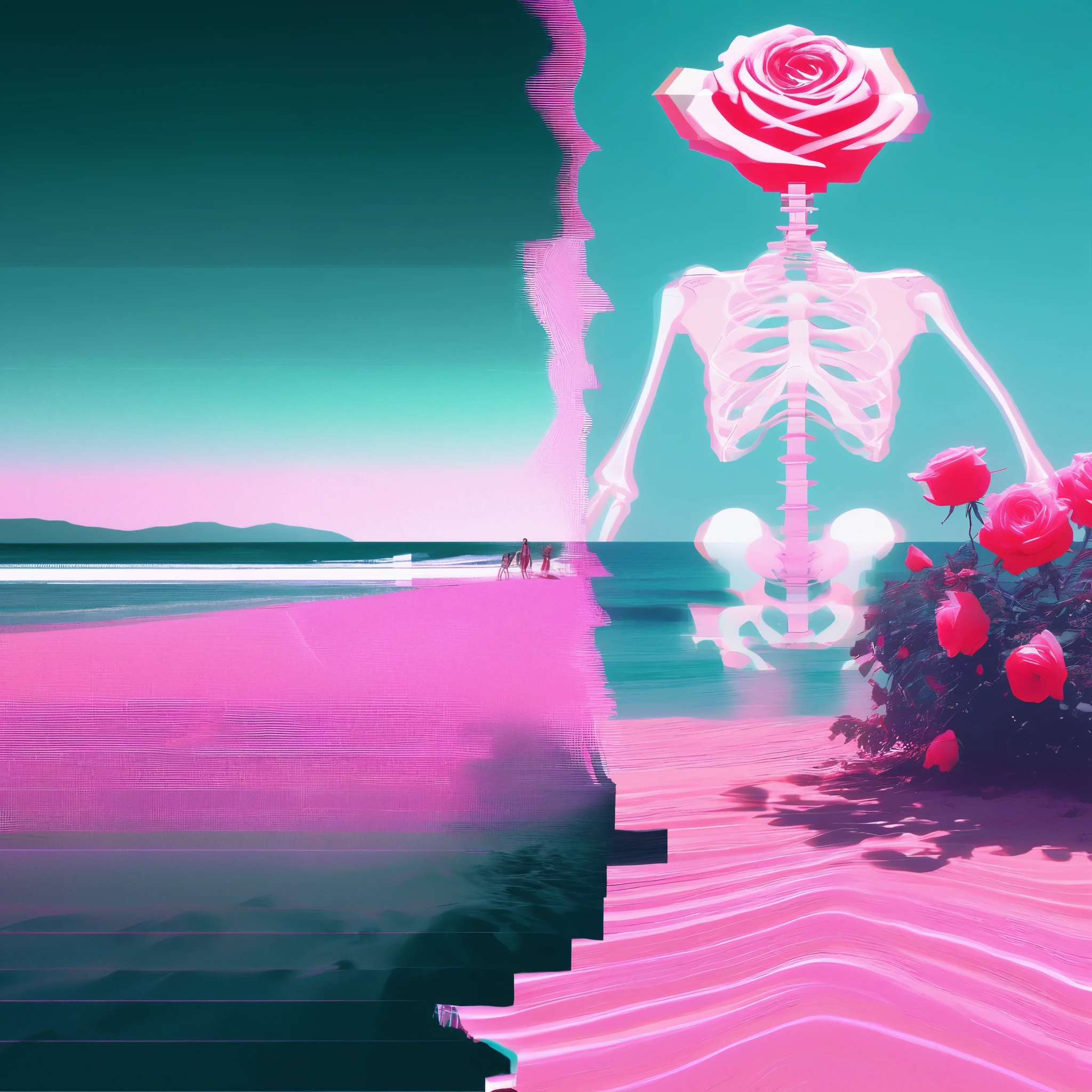 Hyperrealism, infrared photography, Light leakage, (Split screen overlay , X-ray view:1.3), , , Double exposure , , (Corrupted image:1.2), , , Glitched person teleports to a sunny beach , pixelated , Sine wave distortion, Screen tearing, , Postmodern deconstruction , From the perspective of the molecule , Oscillating spiral signal, (Rose garden overlay, Split screen image:1.1), Abstraction, Experimental ,