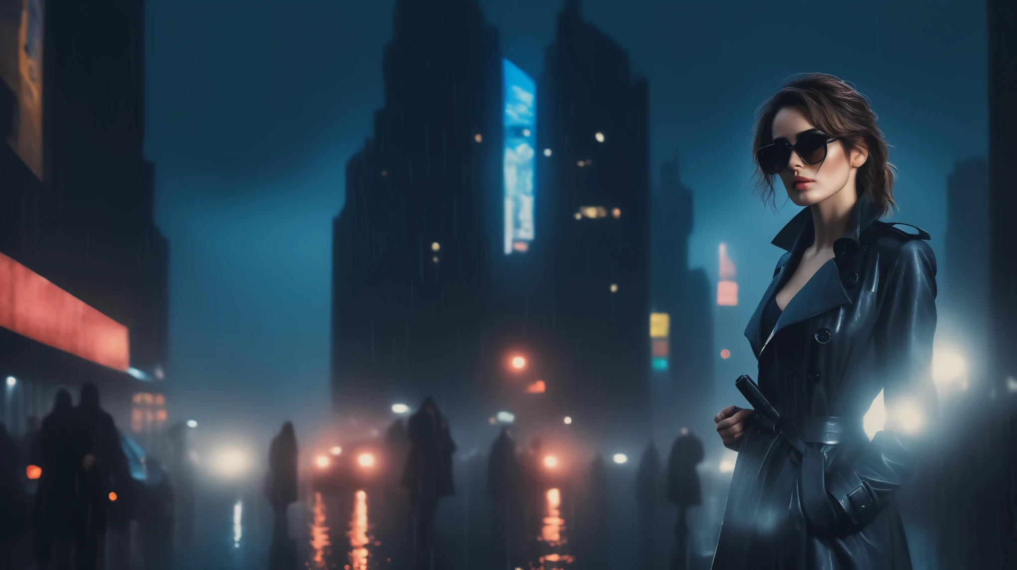 (Hyper-realistic photograph:1.4), Captivating scene under the rain at night on a rooftop, a sexy slim woman, large breast cleavage, with short brown hair, three-quarters view, Black trench coat, (black sunglasses, holding a short gun), with a dark rainy city landscape in background, blue eyes, photography style, (half-body shot:1.3), (contemplative expression:1.2),(well-lit:1.2) Extremely Realistic, serendipity art, (sharp focus:1.3), intricate details, highly detailed, by God himself, original shot, masterpiece, detailed and intricate, Movie Still, guttojugg1