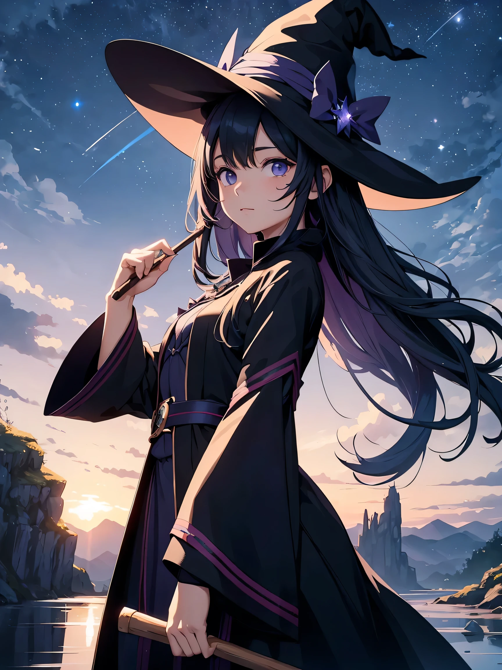 A small witch appears。She wears a black cloak、She wears a hat studded with stars。A magical broom in her hand、The tip of the broom shines in the moonlight。A deep night sky filled with twinkling stars。the moon shines brightly、A blue-purple aurora stretches across the sky。
The most suitable effect for this scene is、It is a watercolor technique that captures the softness of the meadow and the fluidity of movement.。.. ,((detailed)), ((high quality)),((well structured)),((Anatomically correct)),((Good composition)), ((Good perspective)),((masterpiece)), ( ( detailed outline)),((extremely detailed)),((Digital Art)), Digital Illustration, ((well-proportioned body)), High resolution, High resolution, Full definition, Full resolution, detailed face, 4K,High resolution, sharp,perfection,depth,with depth,sharpなフォーカス,Depth of written boundary