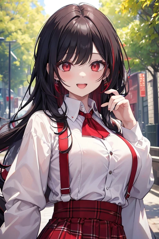 (masterpiece, best quality), intricate details,
1girl,black hair, Red eyes, light red hair, white hair tips,
Big breasts, smiling, opened mouth, wear white shirt, long Sleeve shirt, Red checkered shirt, Park background