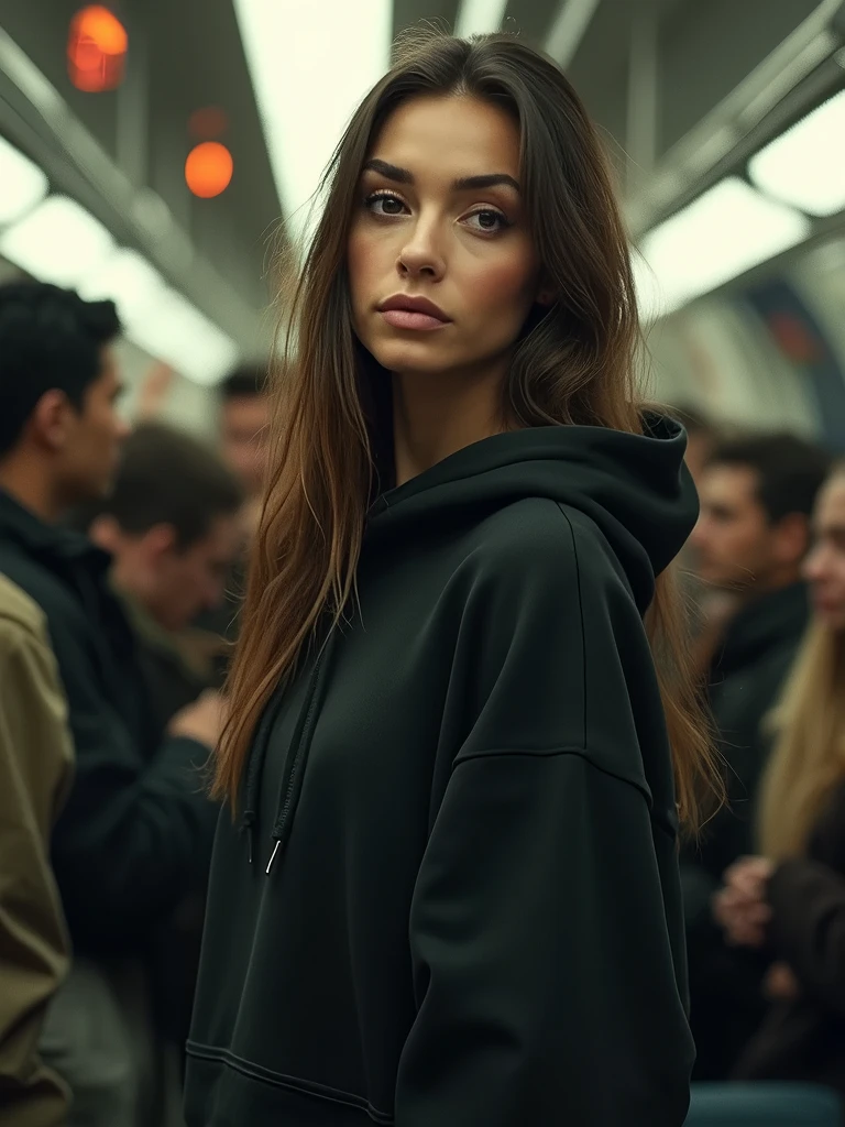 highres, masterpiece, perfect ligthing, bloom, night, cinematic lighting, adult, perfect skin, female, (looking at camera:1.4), realistic skin, eyeliner, realistic, (photorealistic), supermodel, woman, oversized hoodie, big ass, long hair, shoes, lace panties, ((crowded subway)), standing.