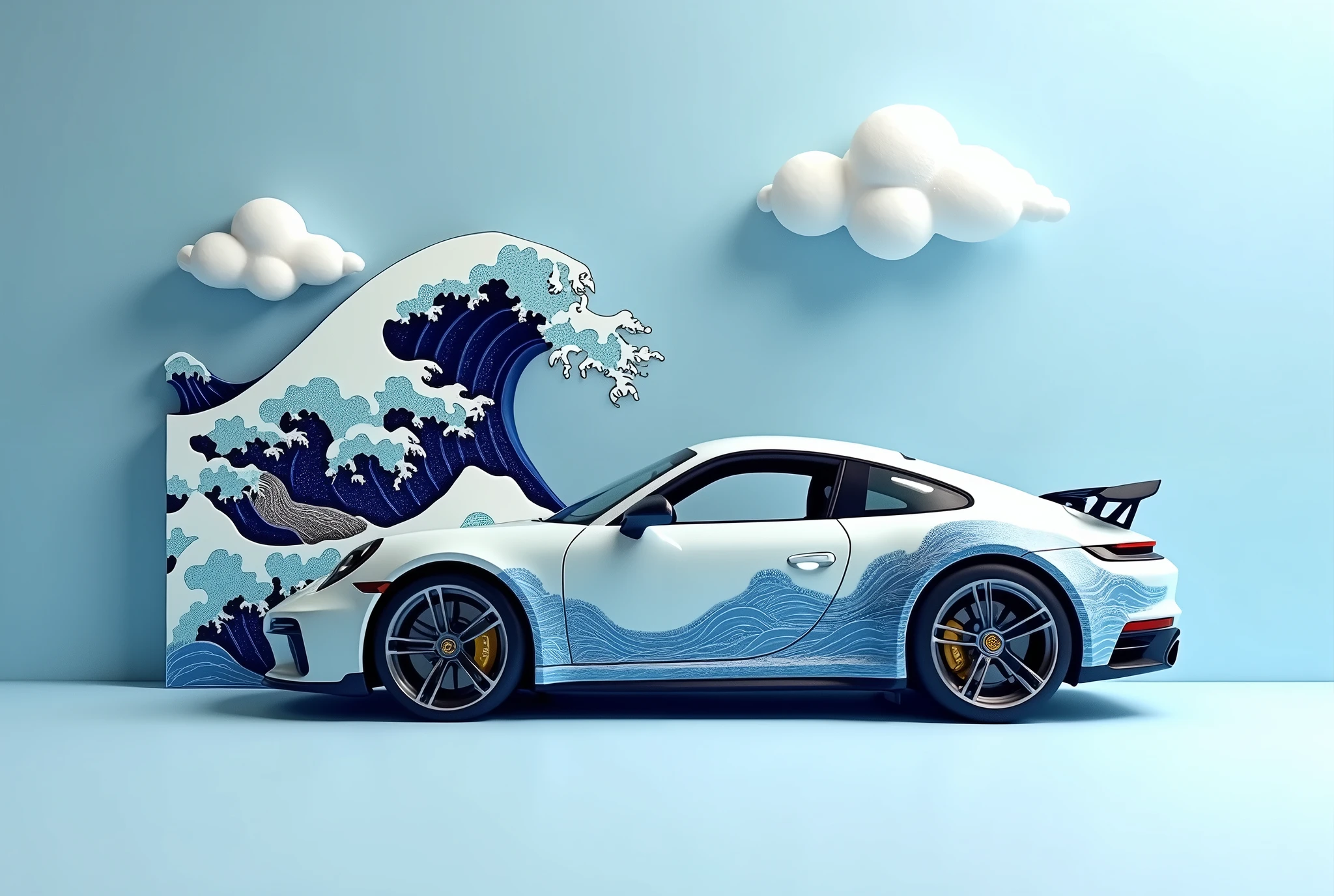 generate a stunning, minimalist scene featuring a Porsche 911 GTS, numberplate reads "Sigma Art", adorned with intricate Japanese wave art painted on thew car, inspired by Hokusai’s 'The Great Wave off Kanagawa.' The car’s livery seamlessly blends shades of deep blue and white, depicting elegant ocean waves rolling across its sleek body. In the background, a three-dimensional wave sculpture mirrors the car’s design, with soft paper-like textures giving it an artistic and surreal quality. The scene is set against a clean, light blue background with a few fluffy white clouds at the top, allowing the detailed artwork to take center stage, while the car’s powerful form remains sharp and striking.