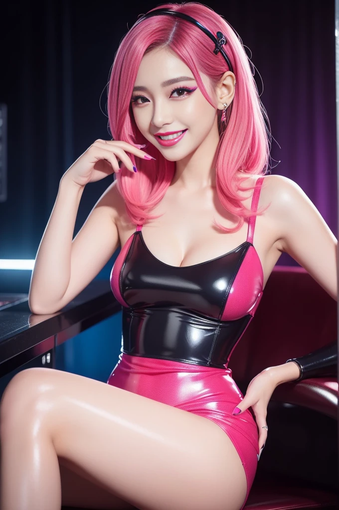 nsfw、sexy stylish female idol、glossy lipstick、smiling face、defined eyebrows、ultra detailed vivid makeup、eyelashes、full body Esbian、sheer latex dress(neon pink)、Colorful hair