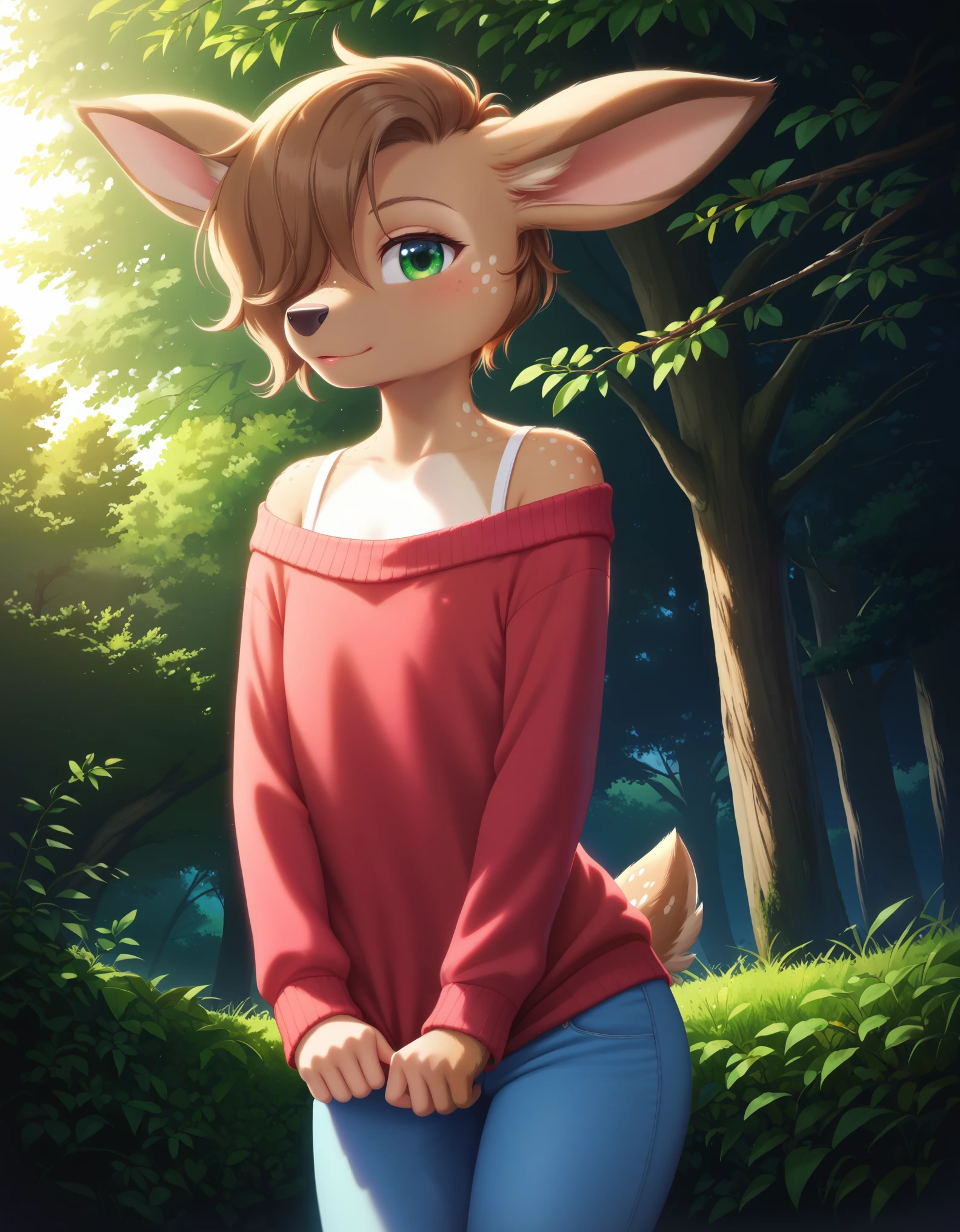 Solo, 1girl, female, lotte, deer girl, furry female, body fur, animal nose, snout, animal ears, green eyes, brown hair, short hair, freckles, cute face, perfect anatomy, detailed skin, detailed eyes,  perfect hands, perfect face, flat chest, hair over one eye, BREAK sweater, long sleeves, off-shoulder shirt, pants, BREAK outdoors, park, colorful, sunset, looking at viewer, dutch angle, BREAK ((ultra-detailed)), ((best quality)), ((best quality)), ((beautiful eyes)), ((extremely detailed)), 4K, (8K), best quality, (beautiful), Master piece, highres, score_9, score_8_up, score_7_up, colorful, best quality, official art, highres, masterpiece, nai3, god light, detailed background, high quality background, very aesthetic, absurdres, 