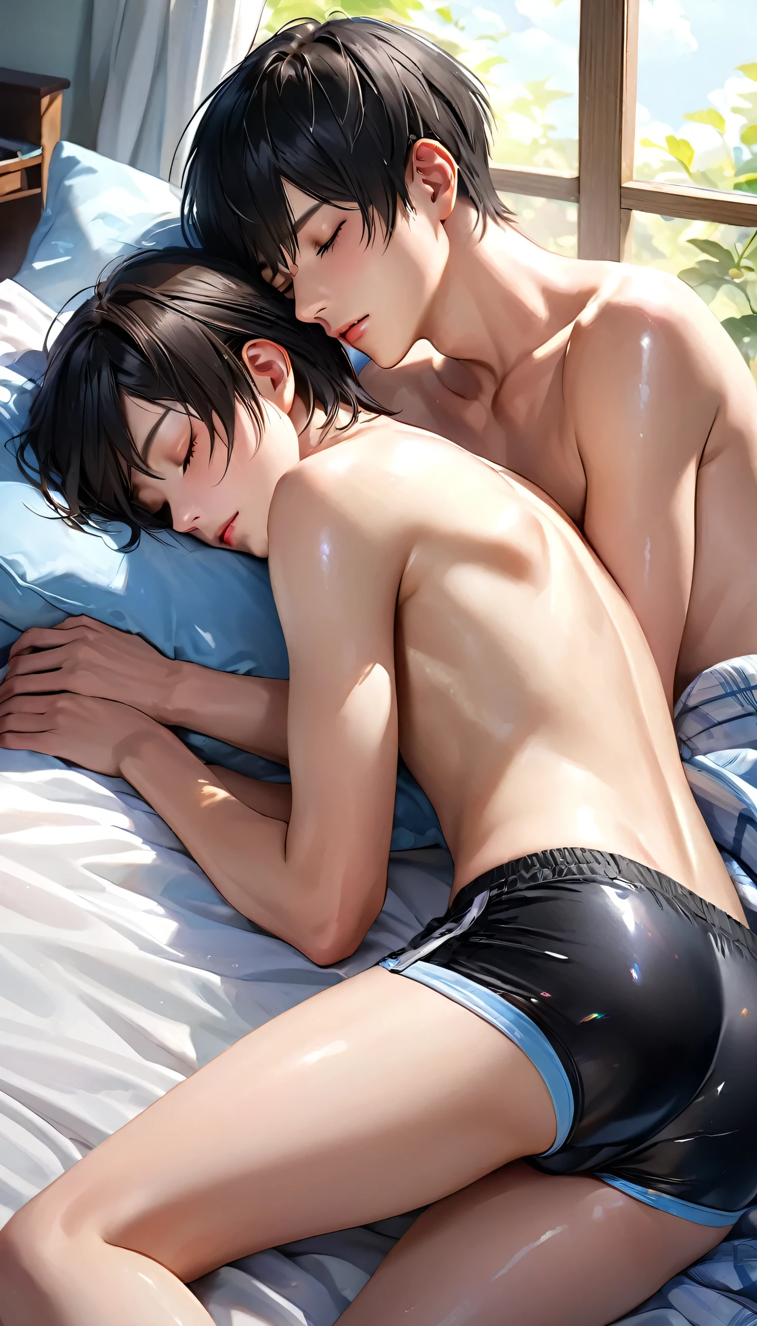 high quality, Realistic, (two japanese  boys sleeping on the bed), (black short hair),  (shiny skin), black briefs, summer noon,