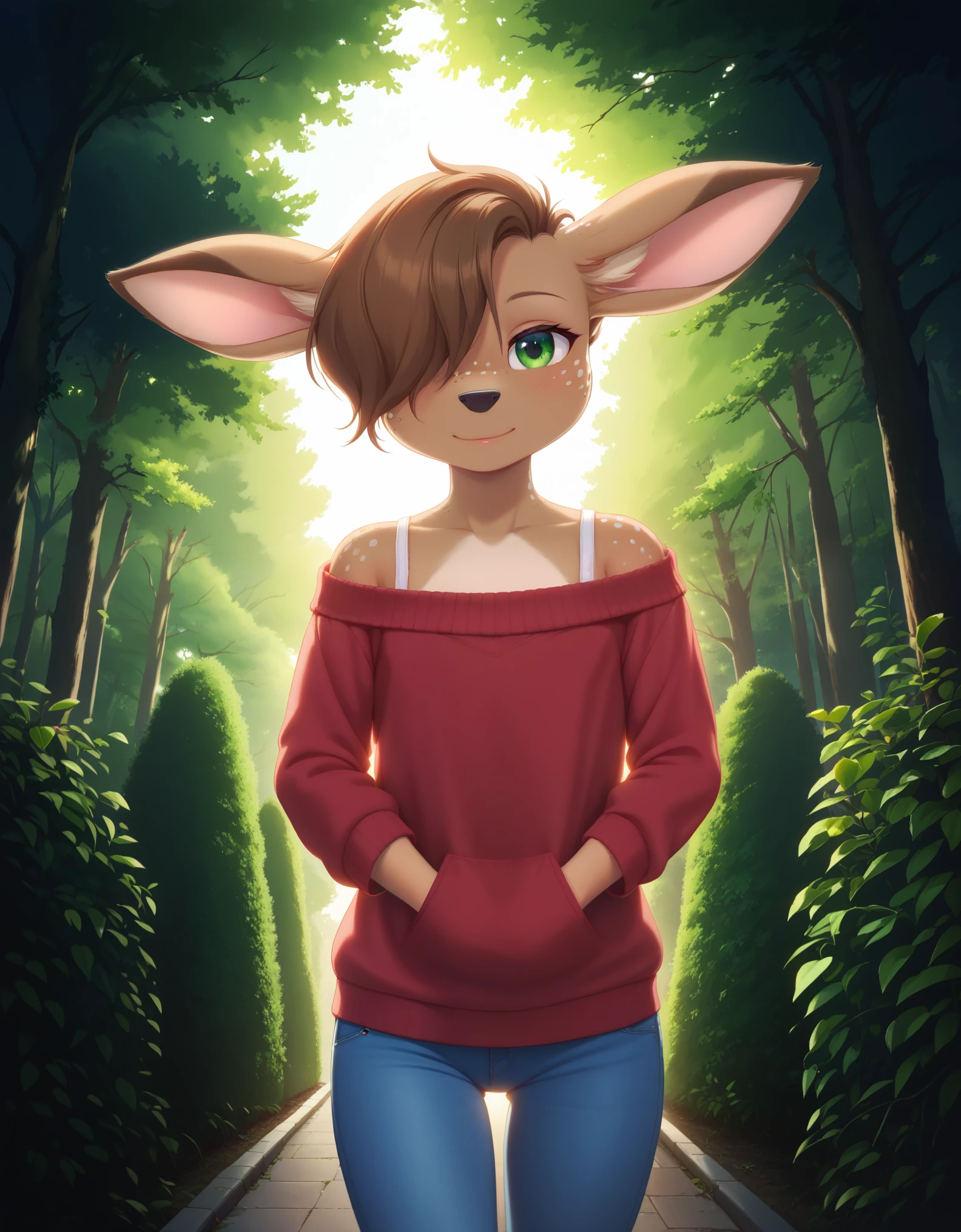 Solo, 1girl, female, lotte, deer girl, furry female, body fur, animal nose, snout, animal ears, green eyes, brown hair, short hair, freckles, cute face, perfect anatomy, detailed skin, detailed eyes,  perfect hands, perfect face, flat chest, hair over one eye, BREAK sweater, long sleeves, off-shoulder shirt, pants, BREAK outdoors, park, colorful, sunset, looking at viewer, dutch angle, BREAK ((ultra-detailed)), ((best quality)), ((best quality)), ((beautiful eyes)), ((extremely detailed)), 4K, (8K), best quality, (beautiful), Master piece, highres, score_9, score_8_up, score_7_up, colorful, best quality, official art, highres, masterpiece, nai3, god light, detailed background, high quality background, very aesthetic, absurdres, 
