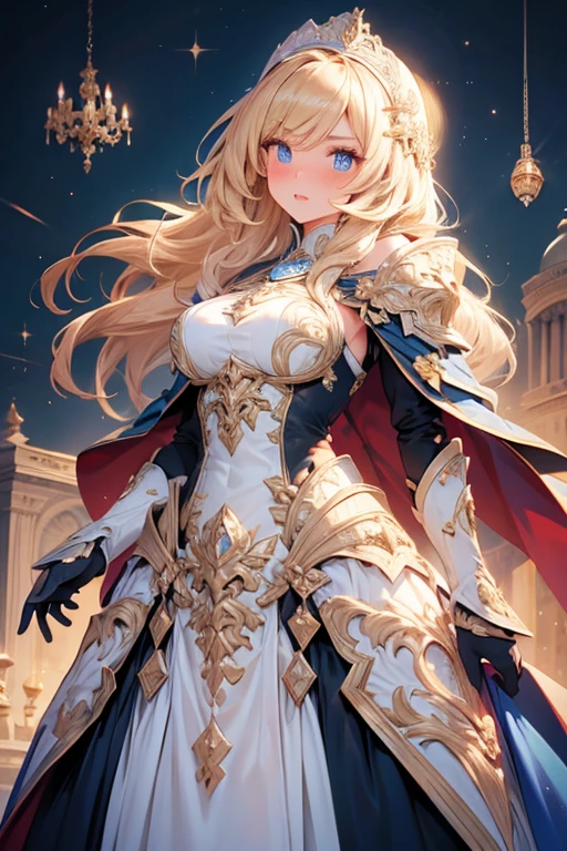 beautfull woman, beautiful elegant dress, with a cape. well-detailed face, detailedeyes, whole body, long golden blonde hair, sapphire blue eyes.