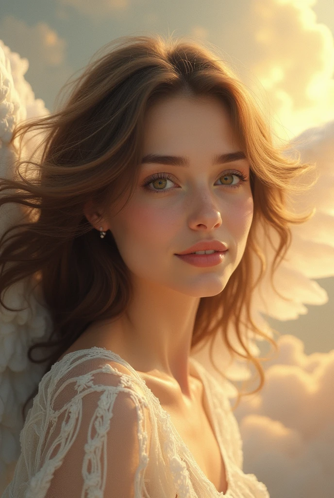 Realistic woman like in the photo, Woman brown eyes, Brown Hair, ultrahd, Surrealism style, Angel, Detailed face