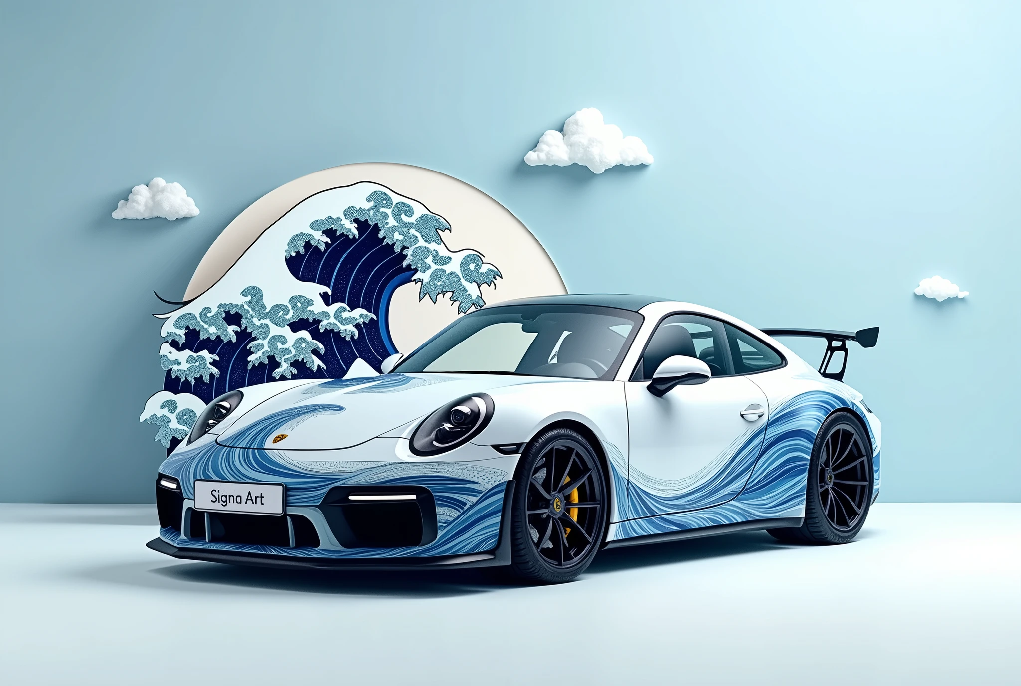generate a stunning, minimalist scene featuring a Porsche 911 GTS, numberplate reads "Sigma Art", adorned with intricate Japanese wave art painted on thew car, inspired by Hokusai’s 'The Great Wave off Kanagawa.' The car’s livery seamlessly blends shades of deep blue and white, depicting elegant ocean waves rolling across its sleek body. In the background, a three-dimensional wave sculpture mirrors the car’s design, with soft paper-like textures giving it an artistic and surreal quality. The scene is set against a clean, light blue background with a few fluffy white clouds at the top, allowing the detailed artwork to take center stage, while the car’s powerful form remains sharp and striking.