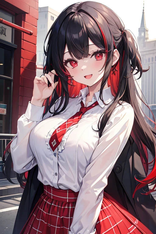 (masterpiece, best quality),  intricate details, 
1girl,black hair, Red eyes,  light red hair, white hair tips, 
Big breasts, smiling, opened mouth, wear white shirt, long Sleeve shirt,  Red checkered shirt, Park background