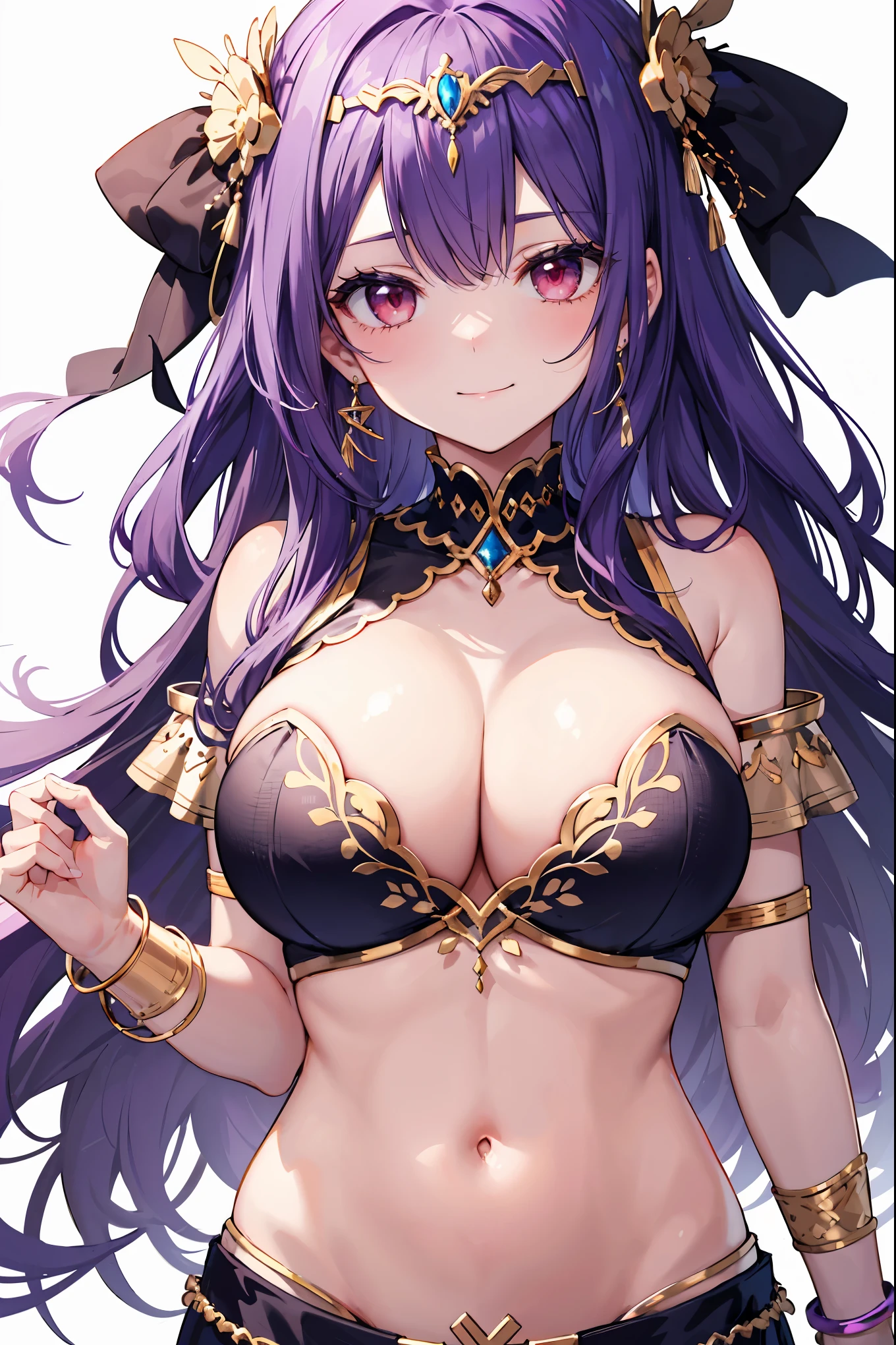 1girl, white background, red eyes, long hair, purple hair, belly dancer, circlet, earrings, armlets, bracelets, bashful smile, large breasts, cleavage, soft stomach