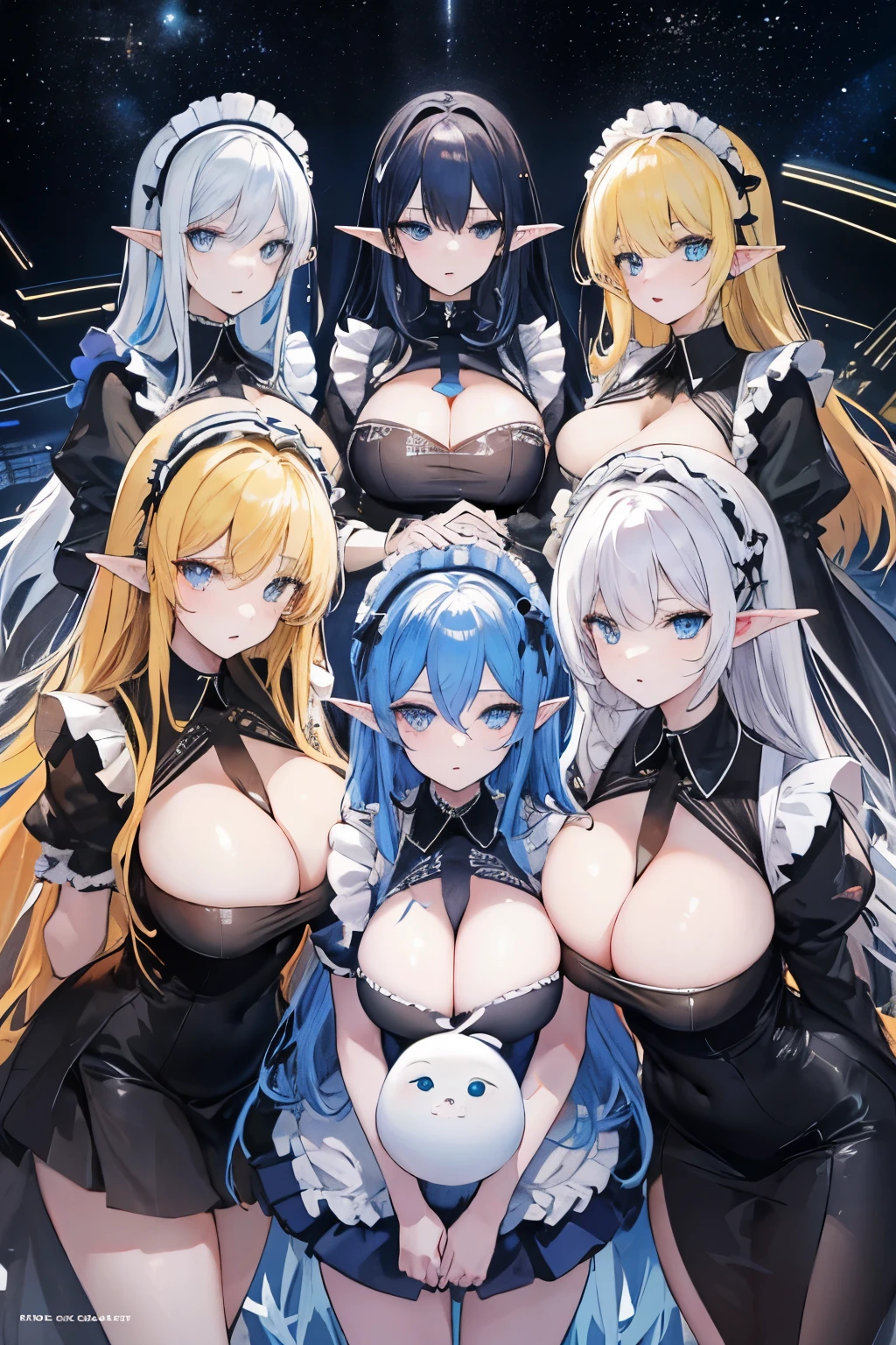Masterpiece, 4girls, each dressed as a maid. The maids are wearing identical uniforms, beauty and cute, high detailed, dinamic lighting, vivid colours, ultra large saggy breasts, massive cleavage exposed, A giant spacecraft navigating interstellar space, Sophisticated design, huge geometric figures stacked in layers,standing, white skin, blue eyeballs, blonde hair, happys, various hair styles, harem, perfect eye, perfect face, Symmetrical eyes, well-aligned, with a natural and proportionate gaze, Observing their master with a servile gaze, elfs