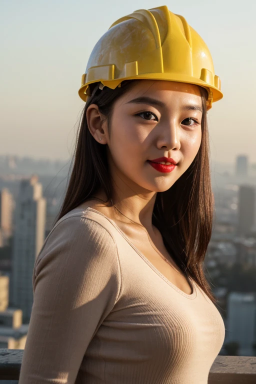 A young korean beautiful girl, 20-year-old, strikingly beautiful, black hair, red lips, delicate facial features, {{Masterpiece}}, Photorealistic, 8K resolution, Ultra High Quality, Incredibly Detailed, Cinematic lighting, Perfect , RAW), Soft glow, women posing with a high-rise building construction site visible in the background. stands at a vantage point where the ground level is visible, dressed in safety gear, including a hard hat. The scene showcases the towering cranes, scaffolding, and the bustle of the construction site below. Despite the distance, their presence is marked by sweat and a confident smile, reflecting the grandeur and activity of the urban construction environment, {{hyper-realistic face}}, slender,