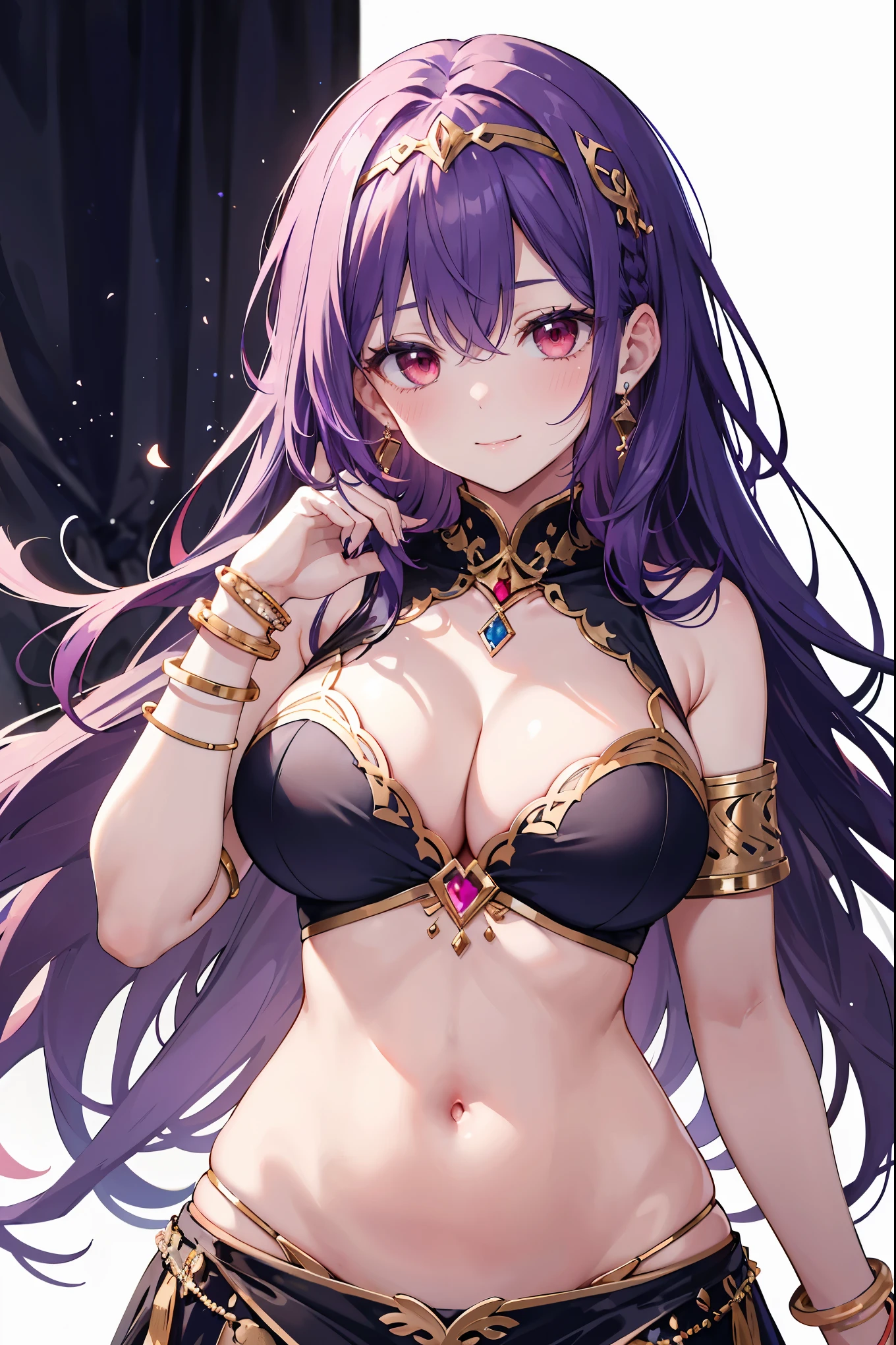 1girl, white background, red eyes, long hair, purple hair, belly dancer, circlet, earrings, armlets, bracelets, bashful smile, large breasts, cleavage, soft stomach