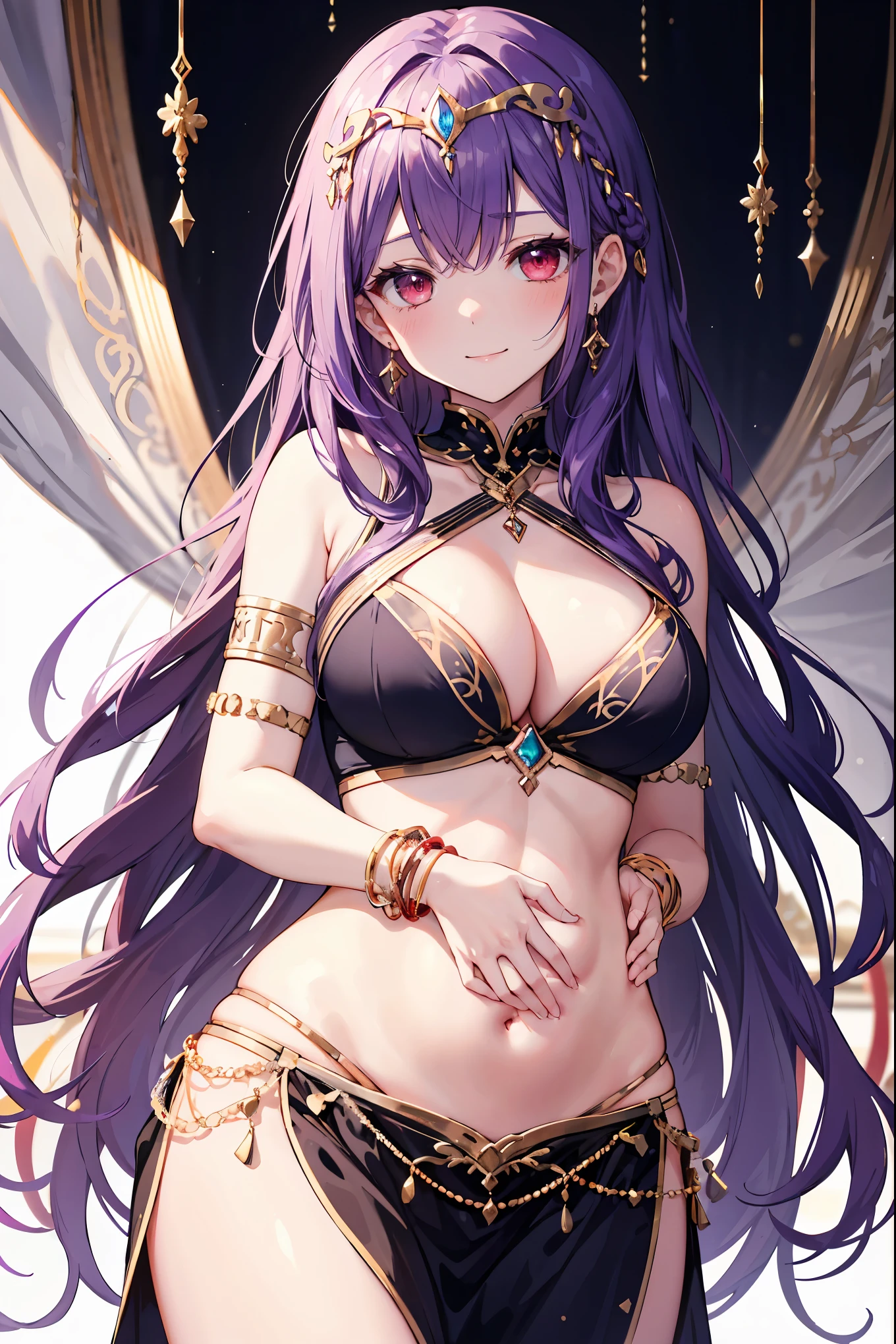 1girl, white background, red eyes, long hair, purple hair, belly dancer, circlet, earrings, armlets, bracelets, bashful smile, large breasts, cleavage, soft stomach