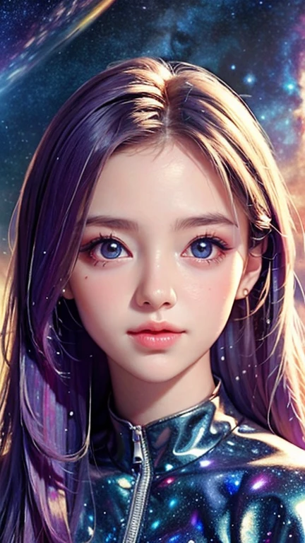 Attention to detail, Super Detail, Ultra-high resolution, A girl having a good time in a dream galaxy, Surrounded by stars, The warm light that shines on her, The background is a starry sky with colorful galaxies and galactic clouds, The stars fly around her, Delicate face, Add a playful touch , 